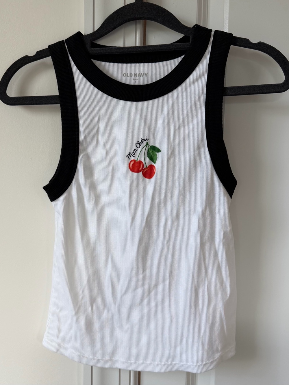 Old Navy White Tank Top with Black Trim and Cherry Embroidery